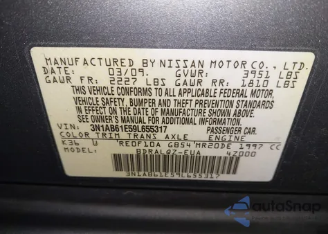 2009 Nissan Sentra 2.0 z USA, uszkodzony, nr VIN 3N1AB61E59L655317